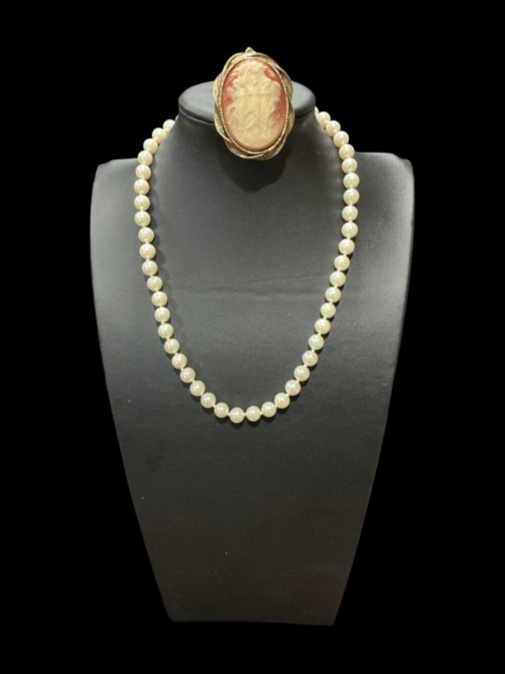 Vintage Glass Pearl Necklace Cameo Brooch Pendant Lot Gold Tone Costume Jewelry